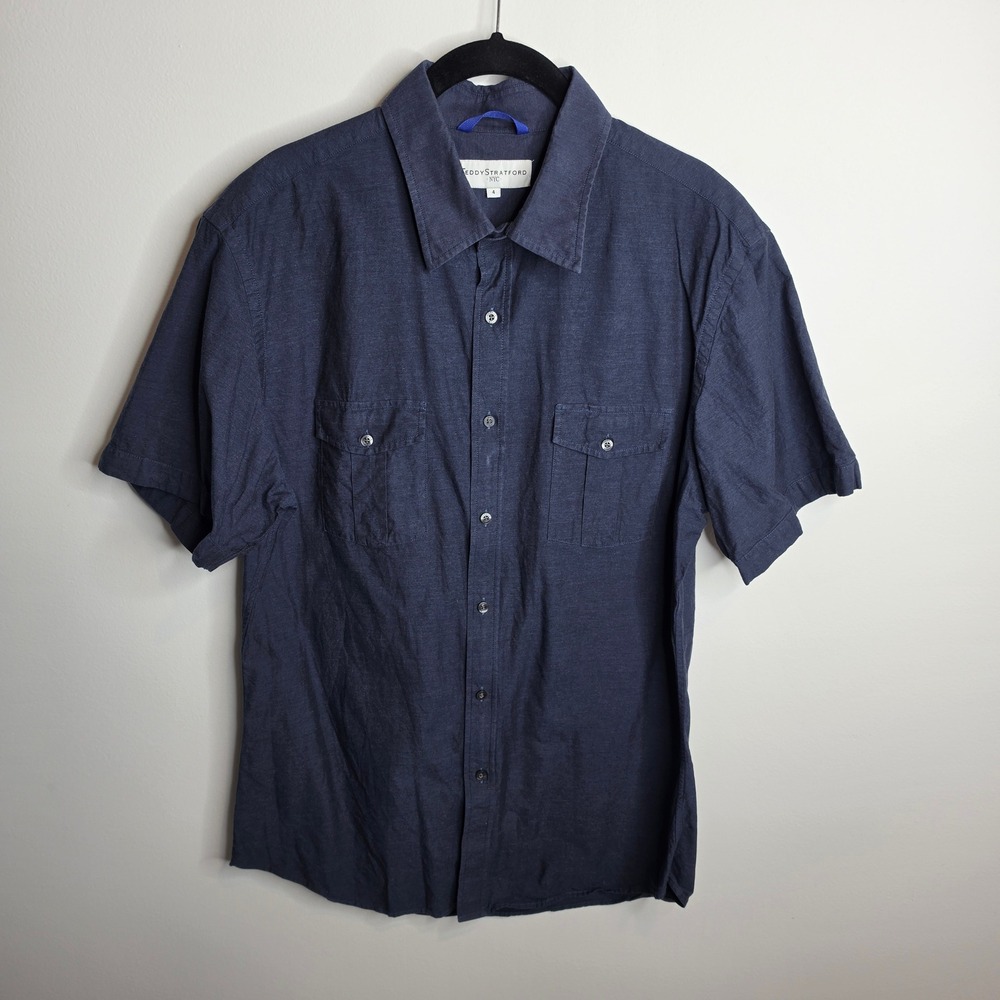 Teddy Stratford Zip Front Shirt Mens 4 (Large) Navy Blue Short Sleeve Cotton